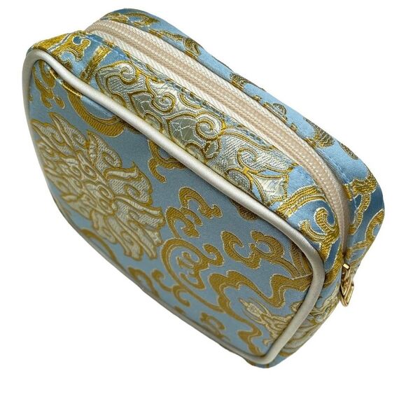 Vtg 60s Baby Blue Gold Chinoiserie Vanity Case 3pc Cosmetic Travel Bag Set - Picture 9 of 10